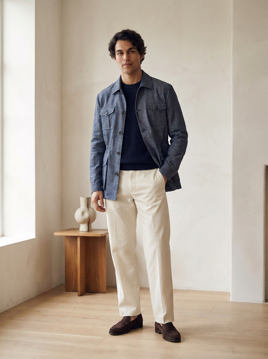 Blue Linen Herringbone Safari Jacket